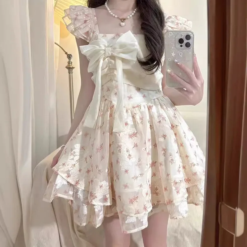

French Sweet Pure Desire Style Flutter Sleeve Bow Floral Dress Petite Princess Puffy Skirt Summer Runaway Princess