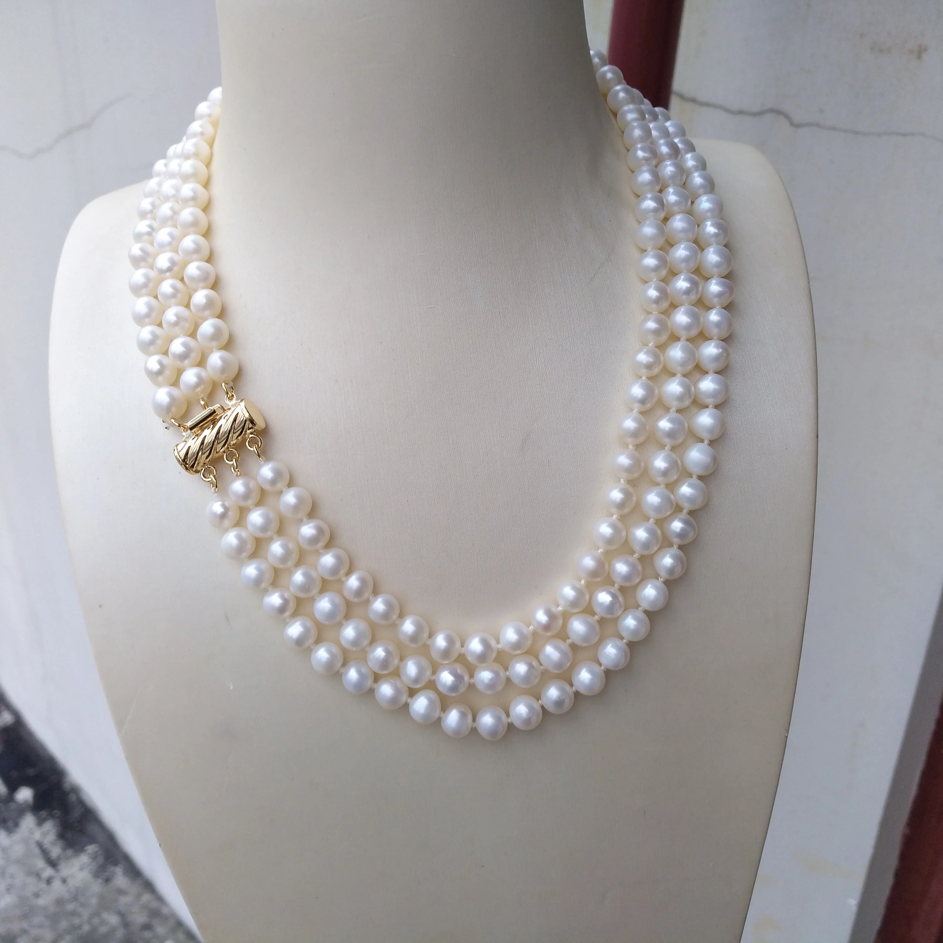 Triple Strands AAA 6-7mm Genuine Akoya White Pearl Necklace 18