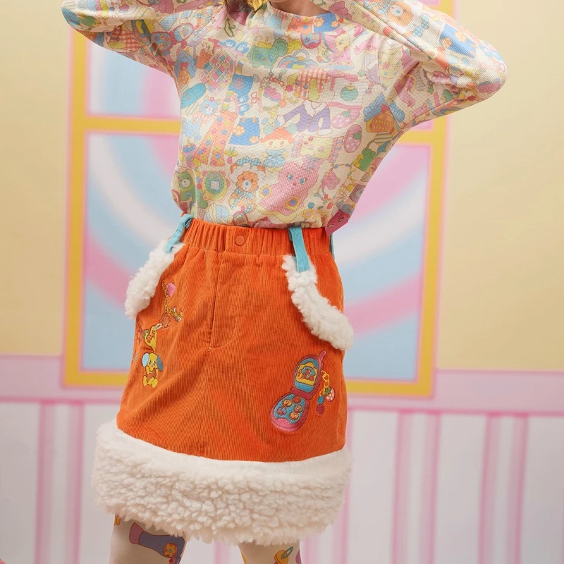 กระโปรงสั้นผ้ากำมะหยี่ลายสัตว์สีส้มแดง ดีไซน์ดั้งเดิม สำหรับผู้หญิง  คอลเลคชั่นฤดูใบไม้ร่วง-ฤดูหนาว น่ารัก นุ่ม หนา