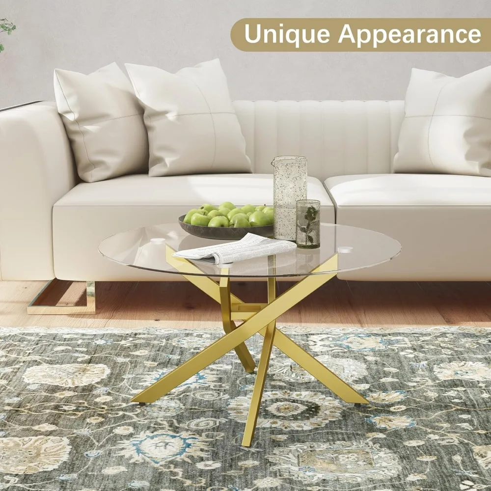Modern Geometric Gold Frame Round Coffee Table, Minimalist Decorative Glass Top for Contemporary Living Spaces