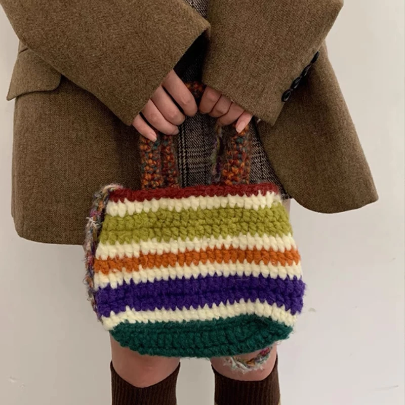 Simple design handmade woven women bag 2024 new rainbow tote bag crossbody bag women handbag