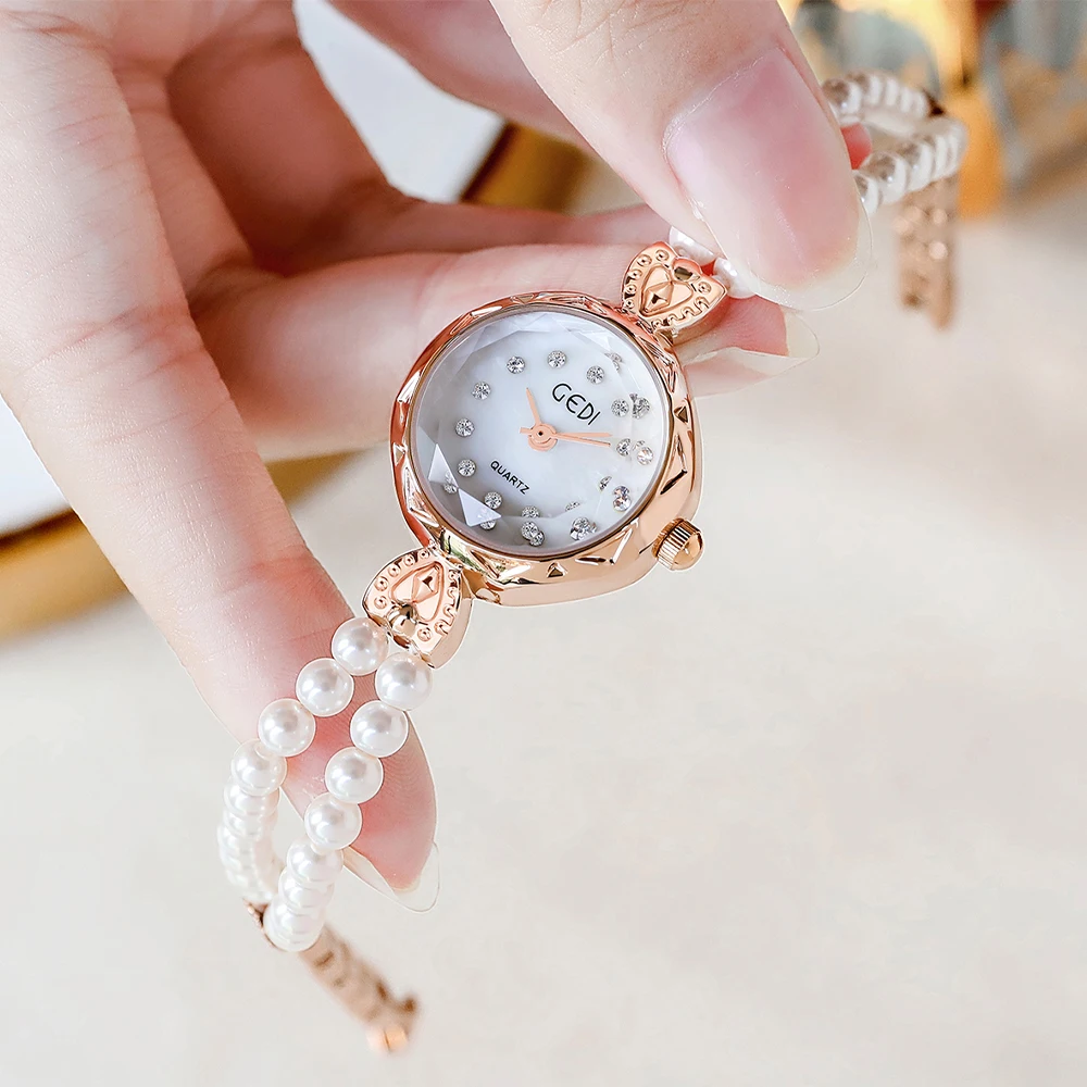 

GEDI Luxury Small Dial Women Quartz Watch Elegant Pearl Strap Stereoscopic Glass Diamond Scale Waterproof Ladies Wristwatch 2024