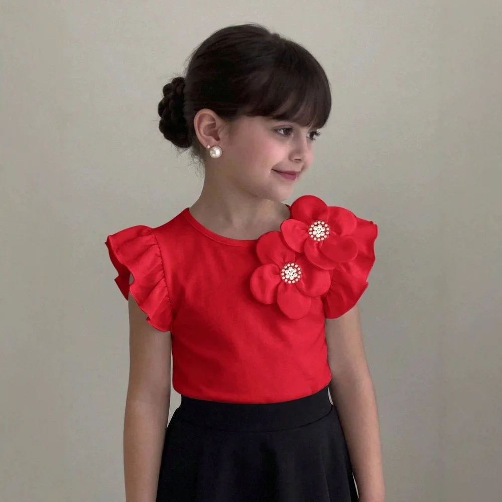 Girls T-shirt 2026 Spring and Summer New Childrens Wear Girls Baby French Gentle Three-dimensional Bead Flower Curled T Shirt
