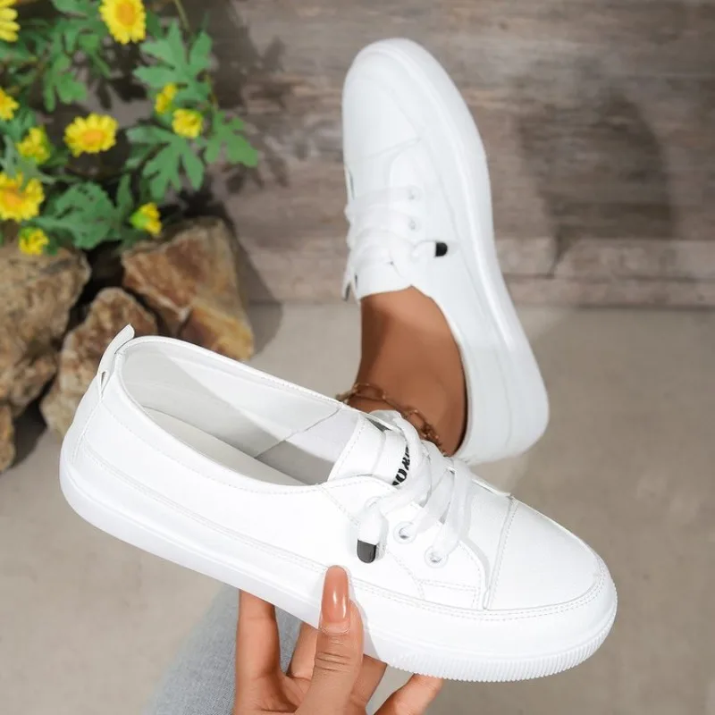 Women's Sneakers Round Toe Casual Flat Shoes Textured Upper Slip-On Design Ribbed Outsole Metallic Lace Detailing for Daily Wear