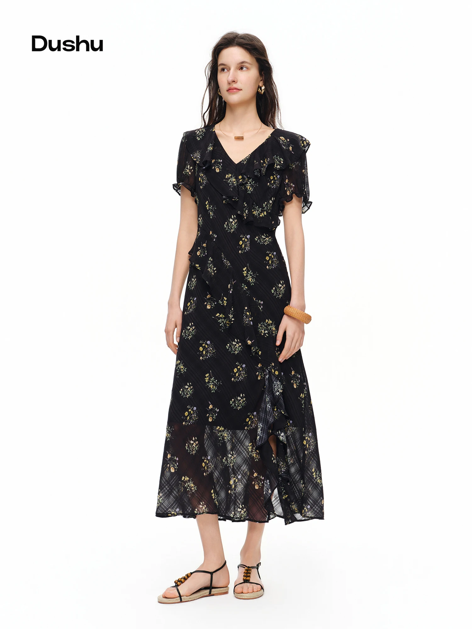 DUSHU 2026 Sommer Damen-Kleid mit diskretem Gittermuster und Rüschensaum – Süßer femininer Stil für Alltag und Verabredungen