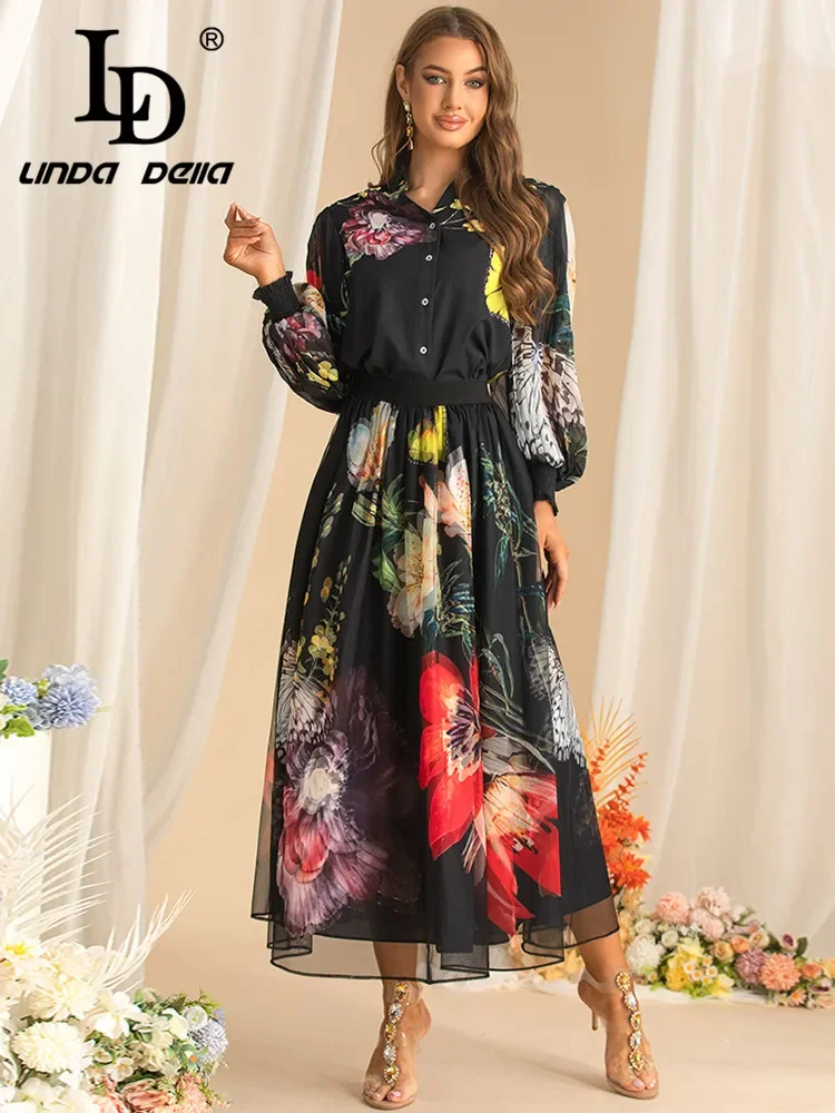 LD LINDA DELLA Autumn Women's Suit Stand Collar Lantern Sleeved Single-Breasted Tops+Elastic Waist Skirt Print 2 piece set - view 2