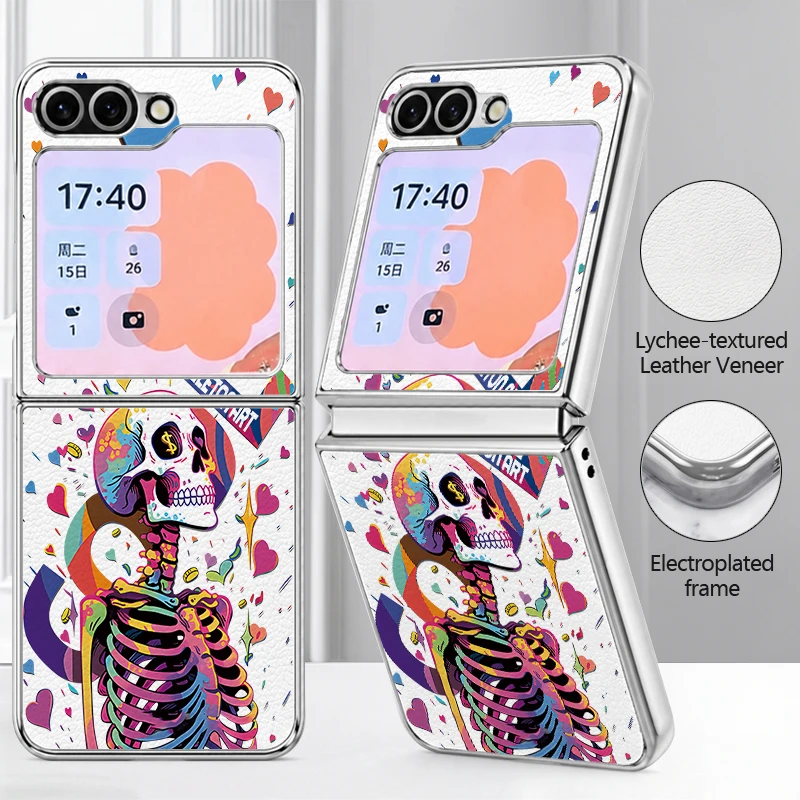 Skeleton Printed Lychee Texture Phone Case For Samsung Galaxy Z Flip7 FE Flip6 Flip5 Flip 7 6 5 Plating PC Frame Hard Back Cover