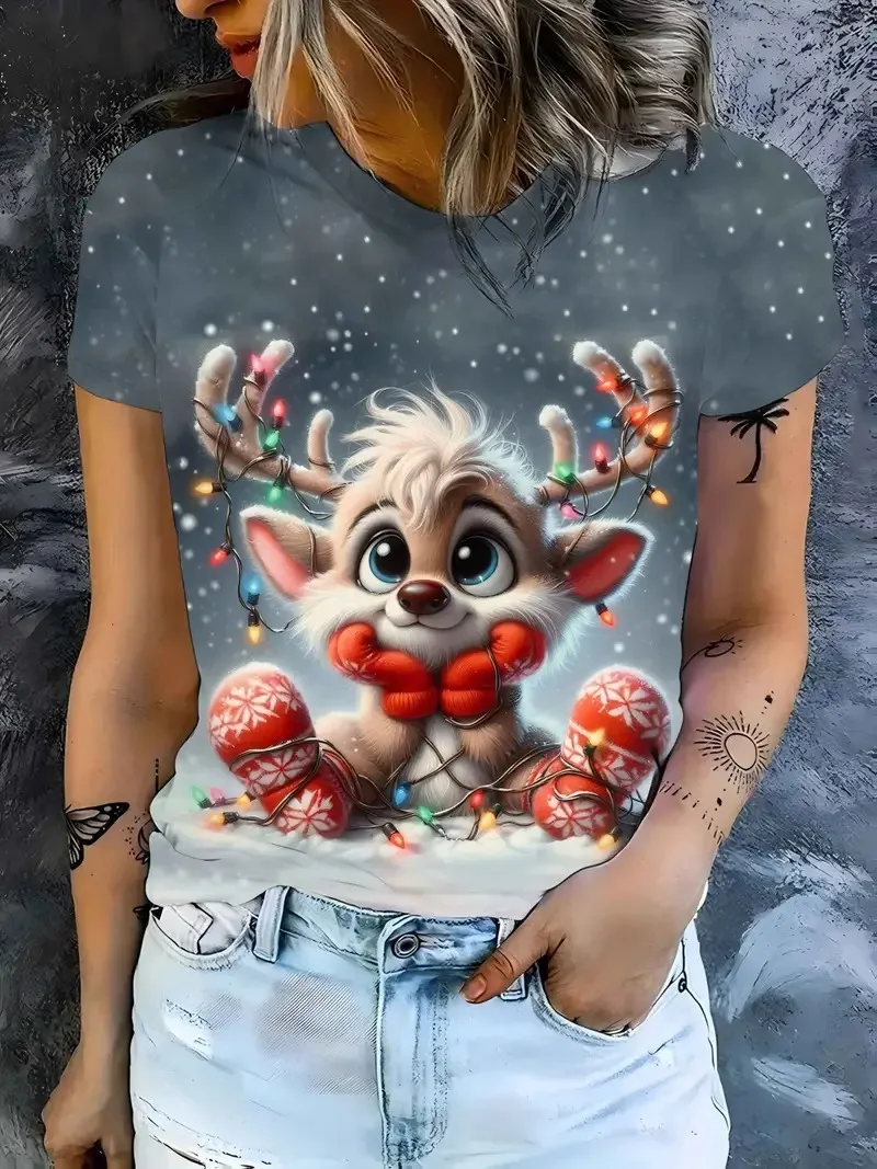 

Christmas gradient reindeer 3D print pattern women's T-shirt fashion Christmas party round neck casual Holiday T-shirt clothing