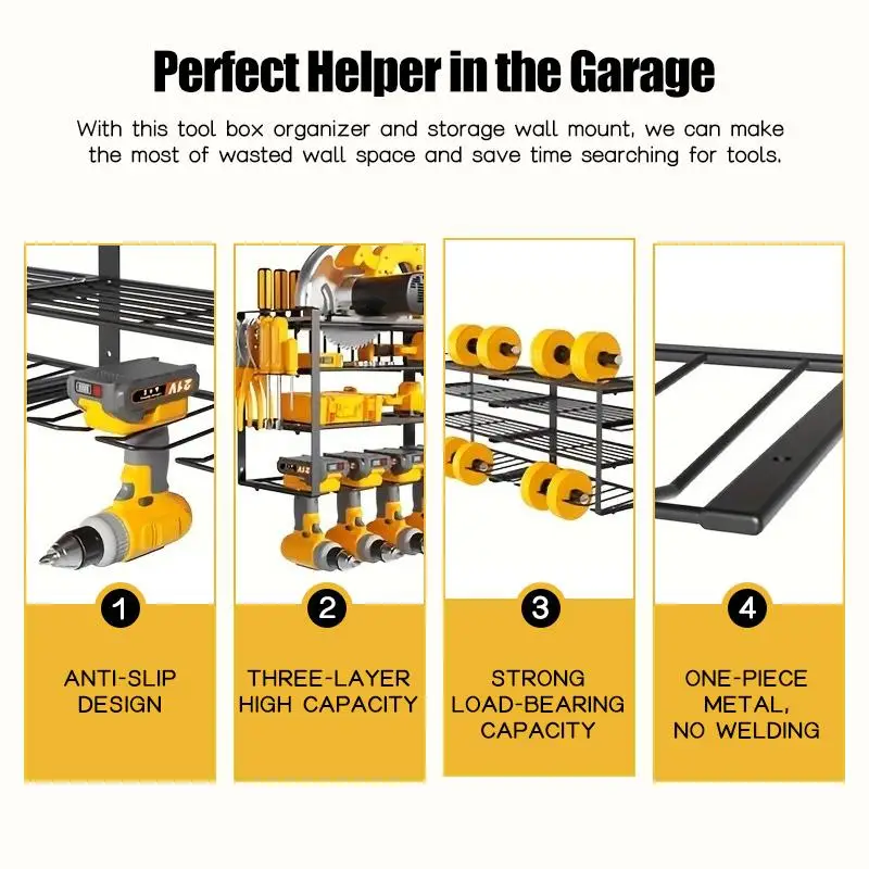 منظم أدوات الطاقة المعدنية شديدة التحمل مع 7 حاملات مثقاب، رف تخزين المرآب للأدوات اللاسلكية، رف ورشة عمل متوافق