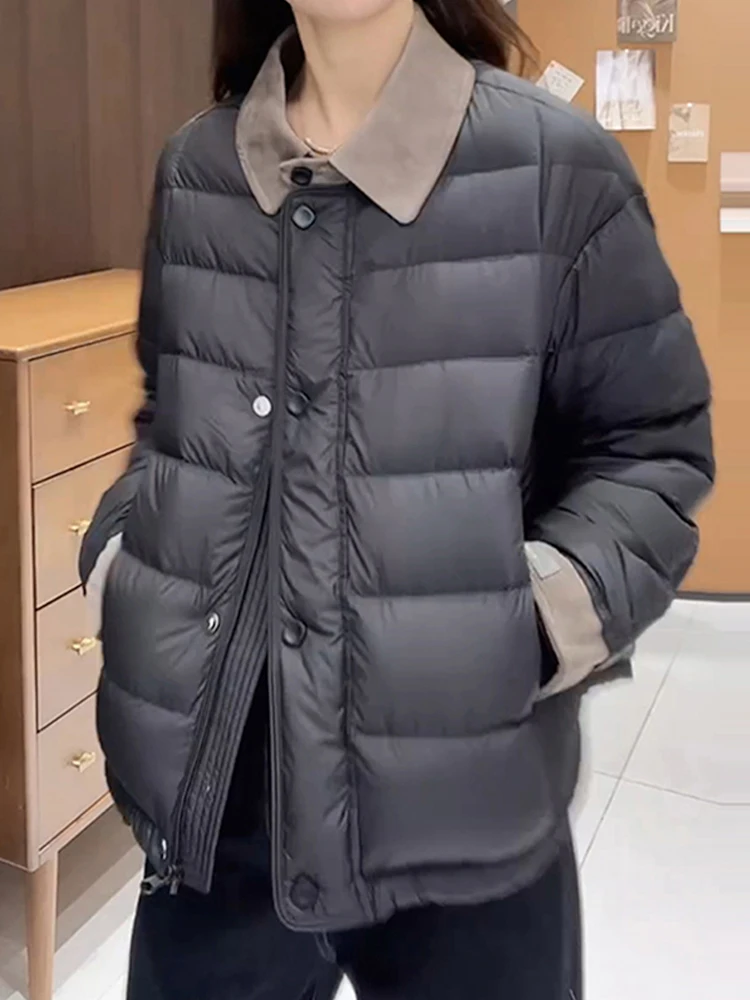 

Женское модное пальто с эффектом похудения, хлопковое, с цветовыми блоками, в корейском стиле, с воротником, длинными рукавами, новинка зимы 2025