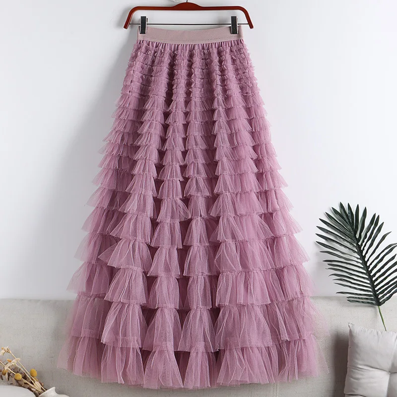 

Korean Style Fashion Ladies Ruffle Tulle Skirts Women Spring Summer Tiered Cake Skirt Black White Red Pink Green Blue Long Skirt