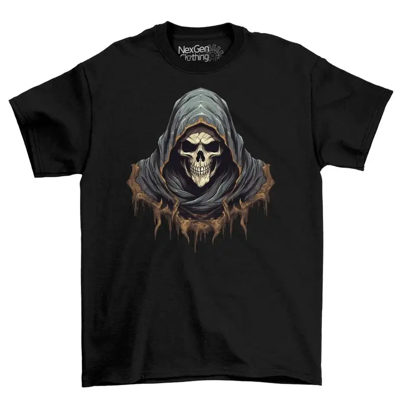 

The Grim Reaper Skull Hooded Gothic Style T-Shirt Tee Top Men's Black Cotton Shirt | Mens Goth Fantasy Shirts