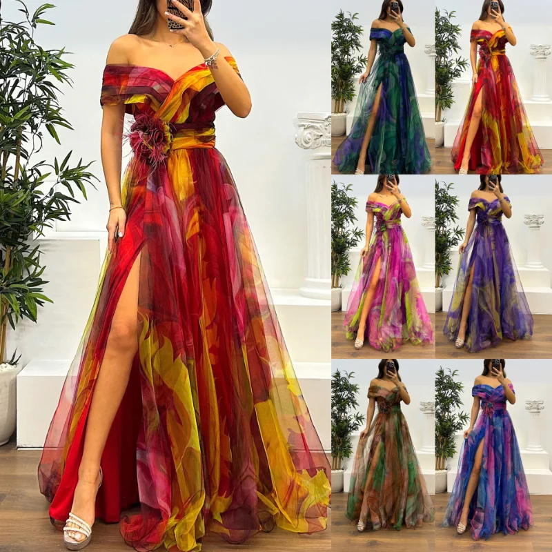 

Elegant Formal Party Dress Elegant Tie-dye Ball Gown with Mesh Bubble Sleeves Split Hem Women's Evening Dress