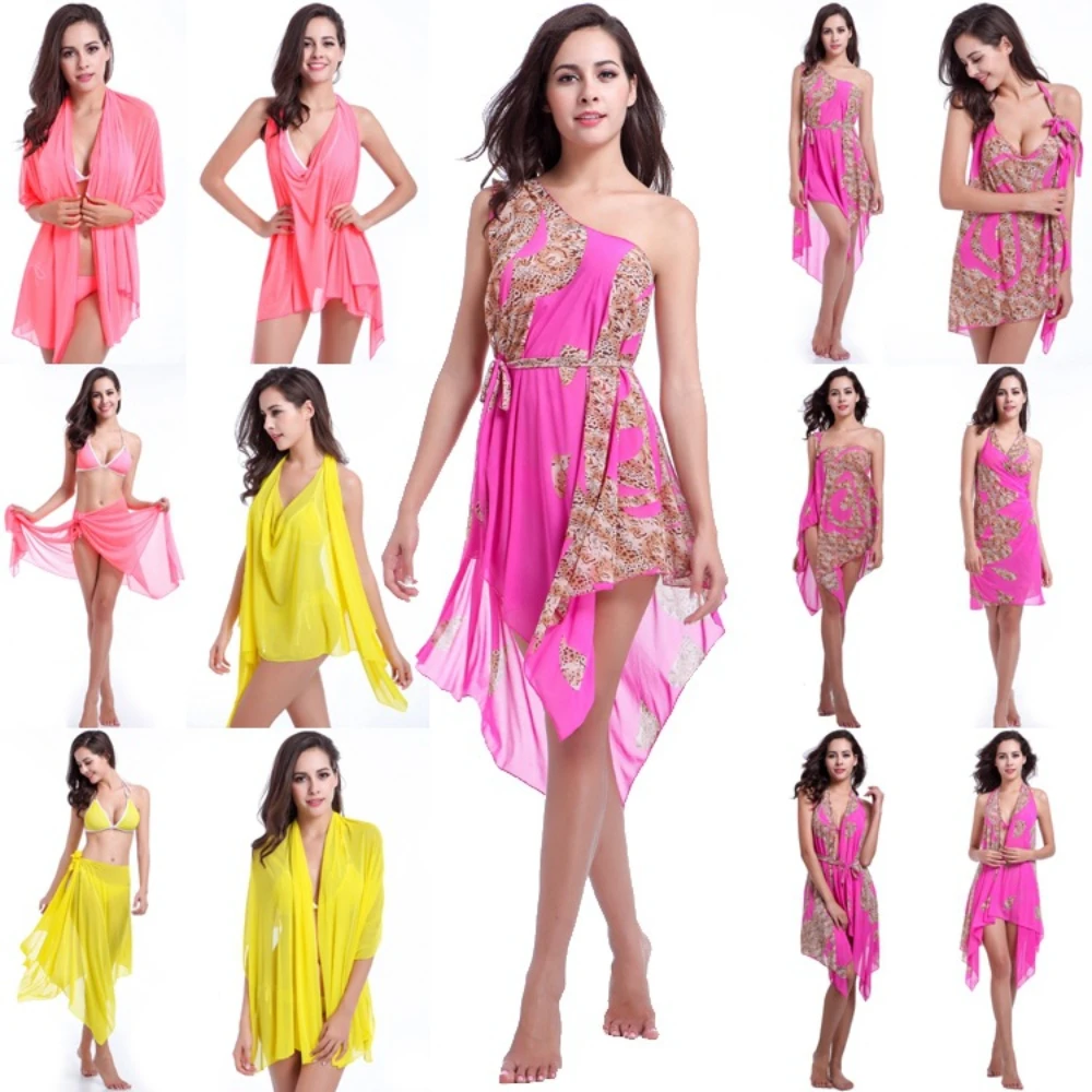 Robe de plage Cover Ups maillot de bain natation robe d'été impression vêtements de plage porter paréo entrejambe tunique femme fille Bikini maillot de bain VB012