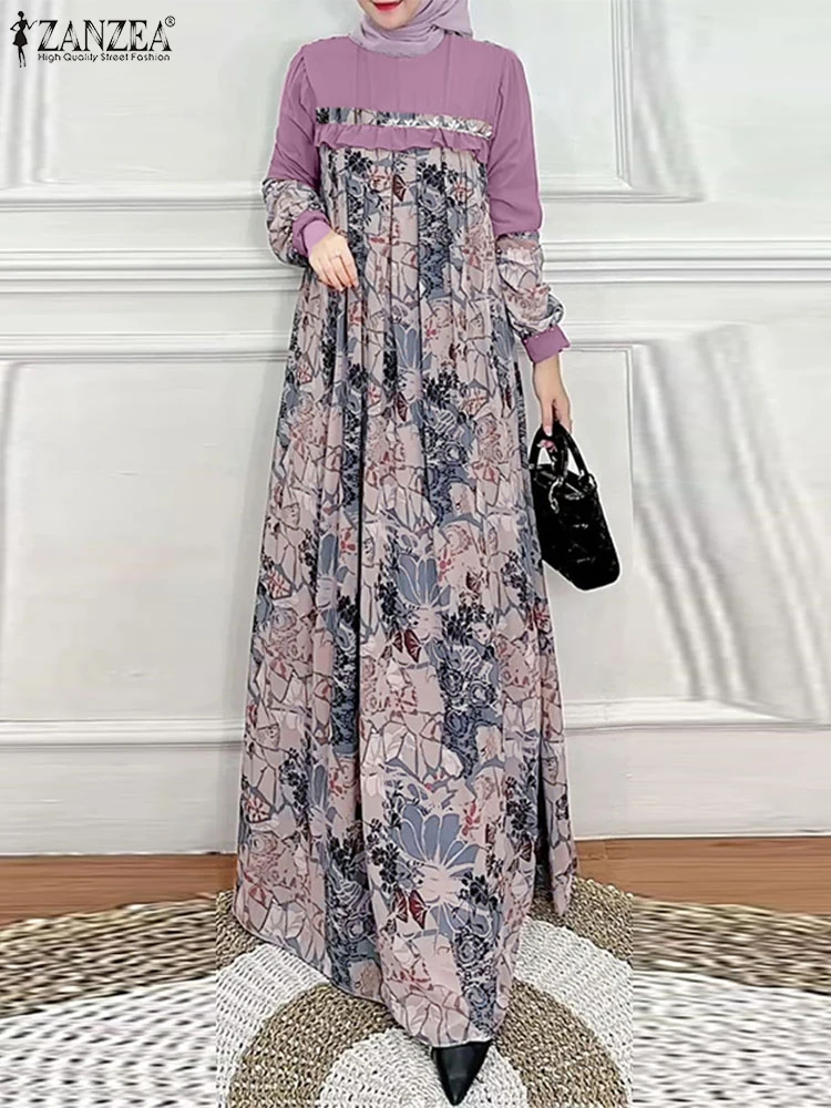 ZANZEA Islamic Hijab Muslim Long Vestidos Long Sleeve Floral Print Patchwork Casual Autumn Abaya Robe Women Flounce Maxi Dress