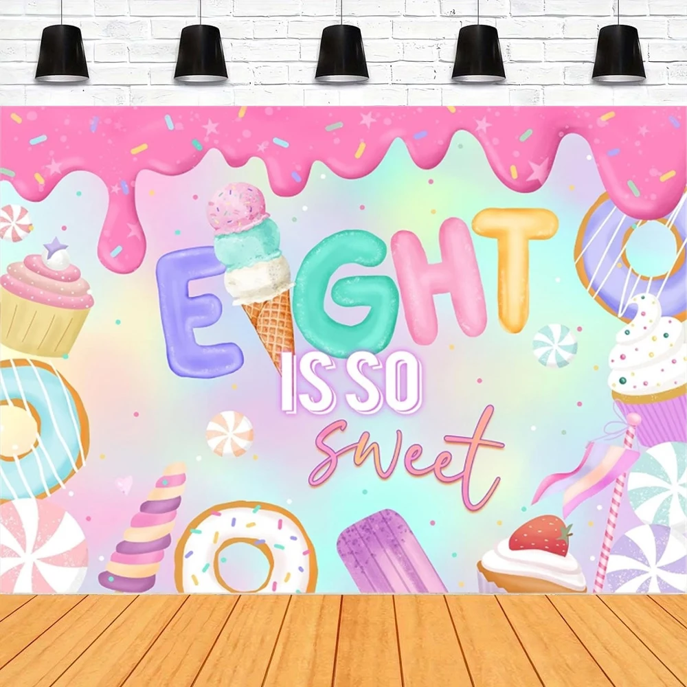 Ice Cream Photography Backdrop Eight is So Sweet Colorful Ice Cream Background for Kids Girls 8th Birthday Party Decoration