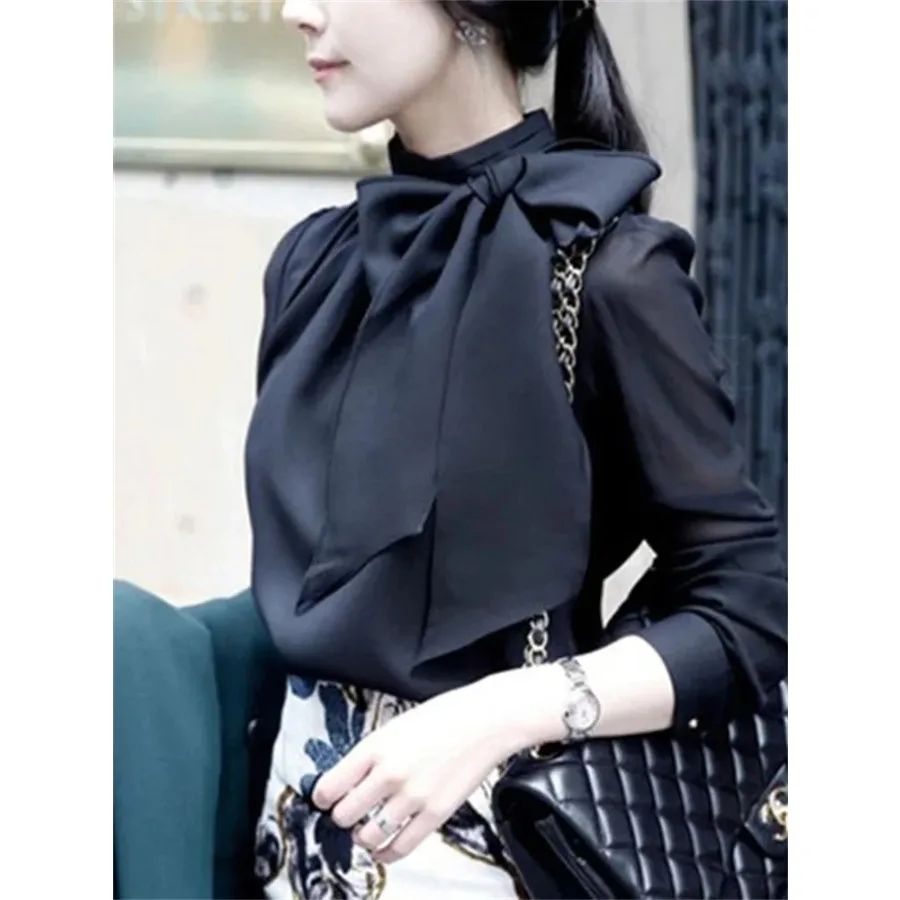 

Женские блузки и рубашки из шифона в весенне-летнем стиле, повседневные, с длинным рукавом, белые и черные, с воротником-бабочкой, топы