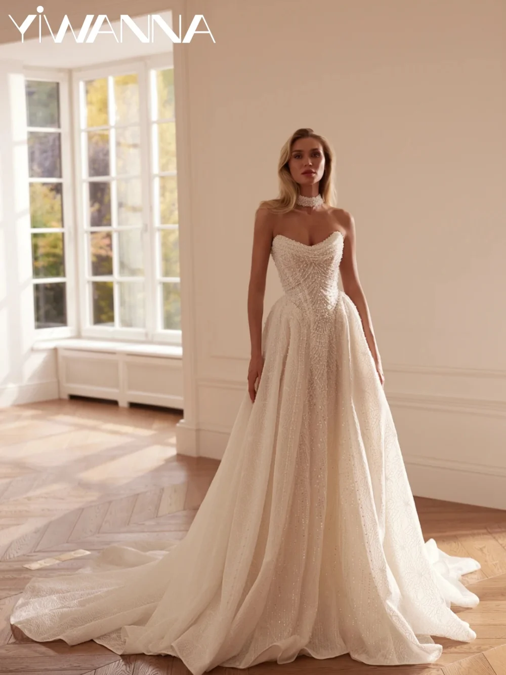 

Gorgeous Pearls Lace Wedding Dress Dreamy Strapless A-line Long Bridal Gown New Customized Elegant Sleeveless Dresses For Bride