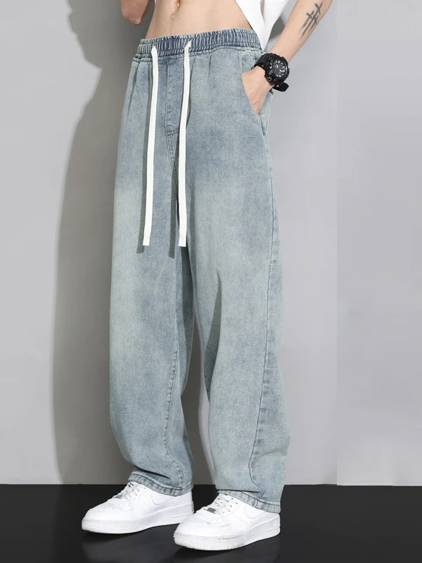 

Американские джинсовые джинсы в стиле ретро, мужские летние тонкие прямые свободные широкие брюки, модные длинные брюки с высокой талией, повседневный крой