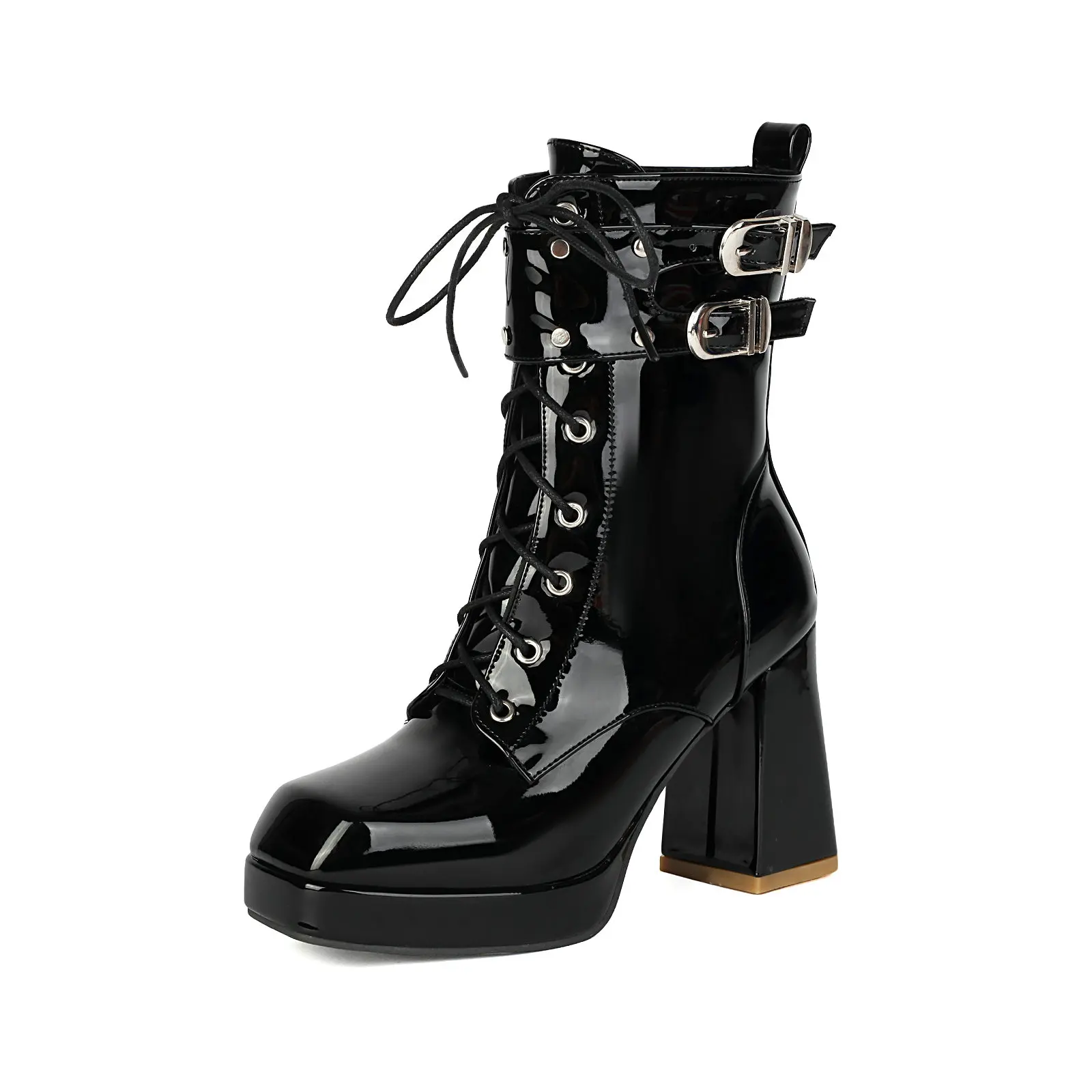 

Gothic Black Ankle Boots for Women Paltform Chunky High Heels Shoes Lace Up Fall Winter Booties