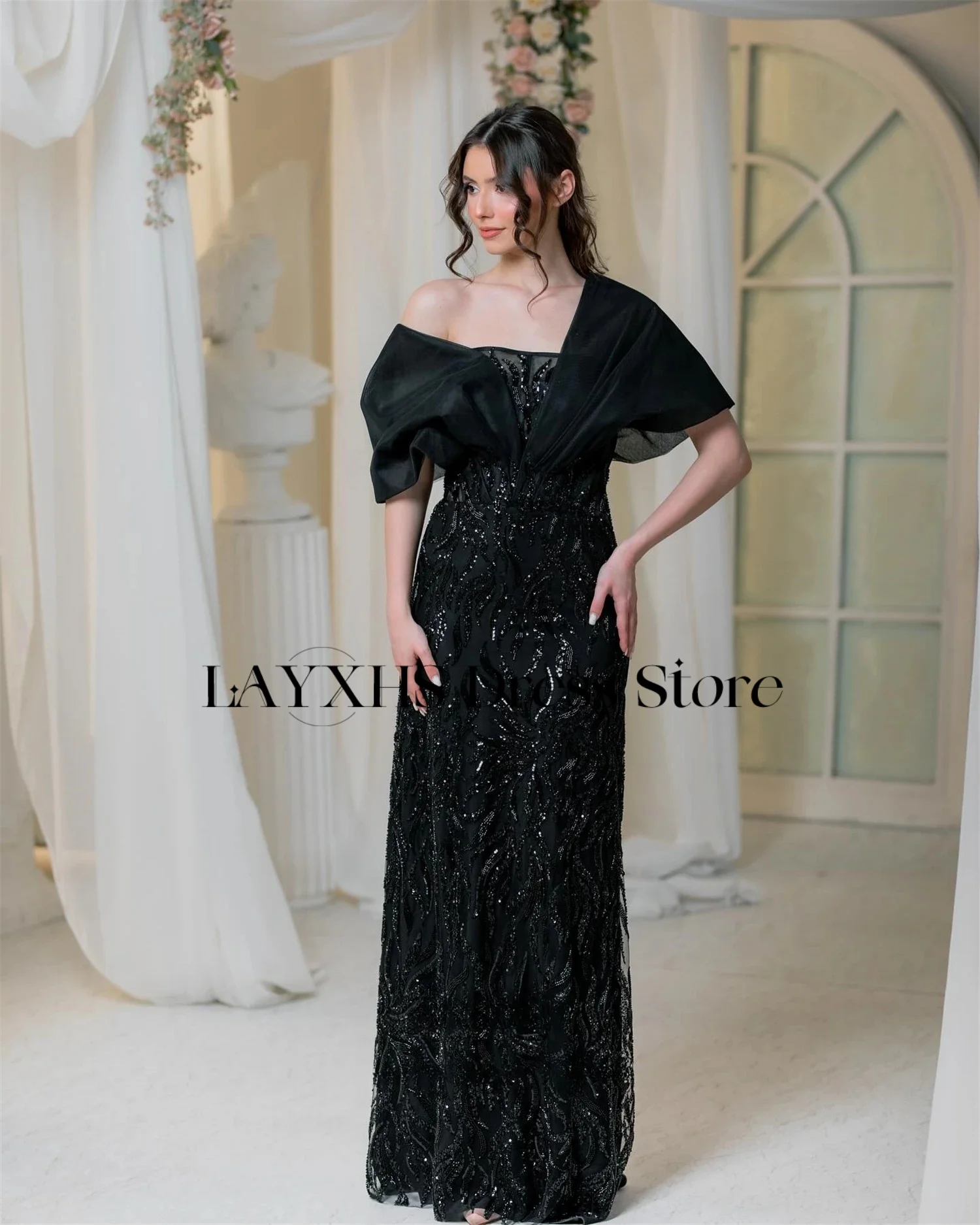 LAYXHS Abiti da sera eleganti in rilievo di pizzo Abiti da ballo da donna dritti con scollo a V neri Abiti personalizzati