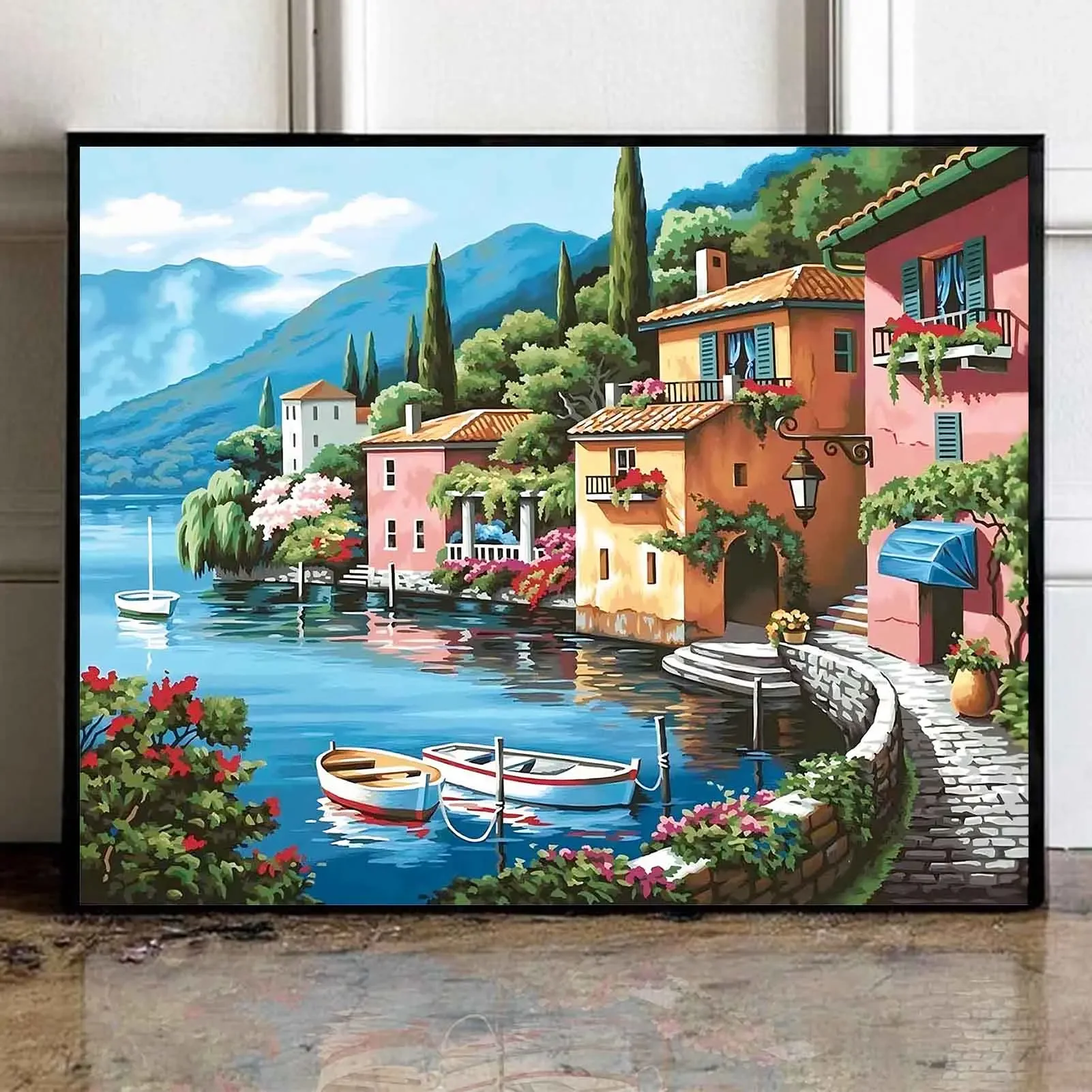 DIY Paint by Numbers Kit for Adults -Lakeside Town, Acrylic Digital Oil Painting Art on Canvas Wall Decor Gift No Frame