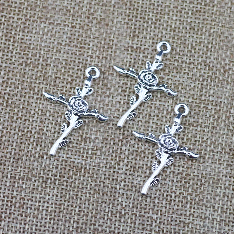 10 Pieces 24*35mm Antique Silver Color Cross Flower Wicca Charms Pendant Keychains Accessory For DIY Jewelry Making