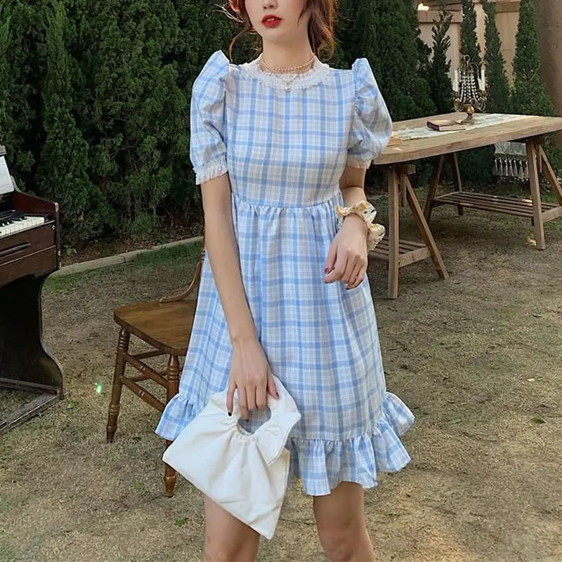 

Plaid Vintage Stand Collar Midi Dress Women's Clothing Gauze Patchwork Summer A-Line Waist Sweet Ruffles Short Sleeve Dresses