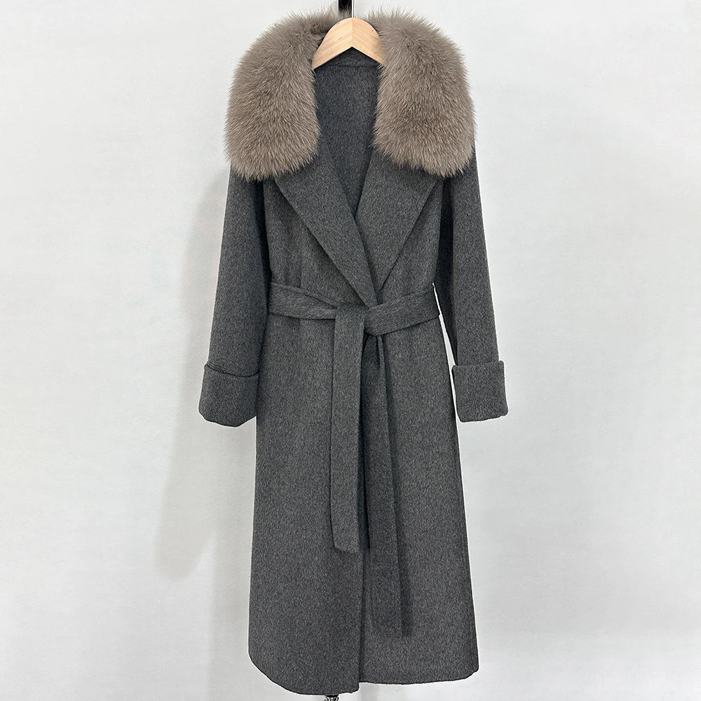 Real Fox Fur Collar Woolen Coat Warm Female Elegant New Winter 2025 Wool Blend Coat Fashion Double-sided Cashmere Wool Jacket