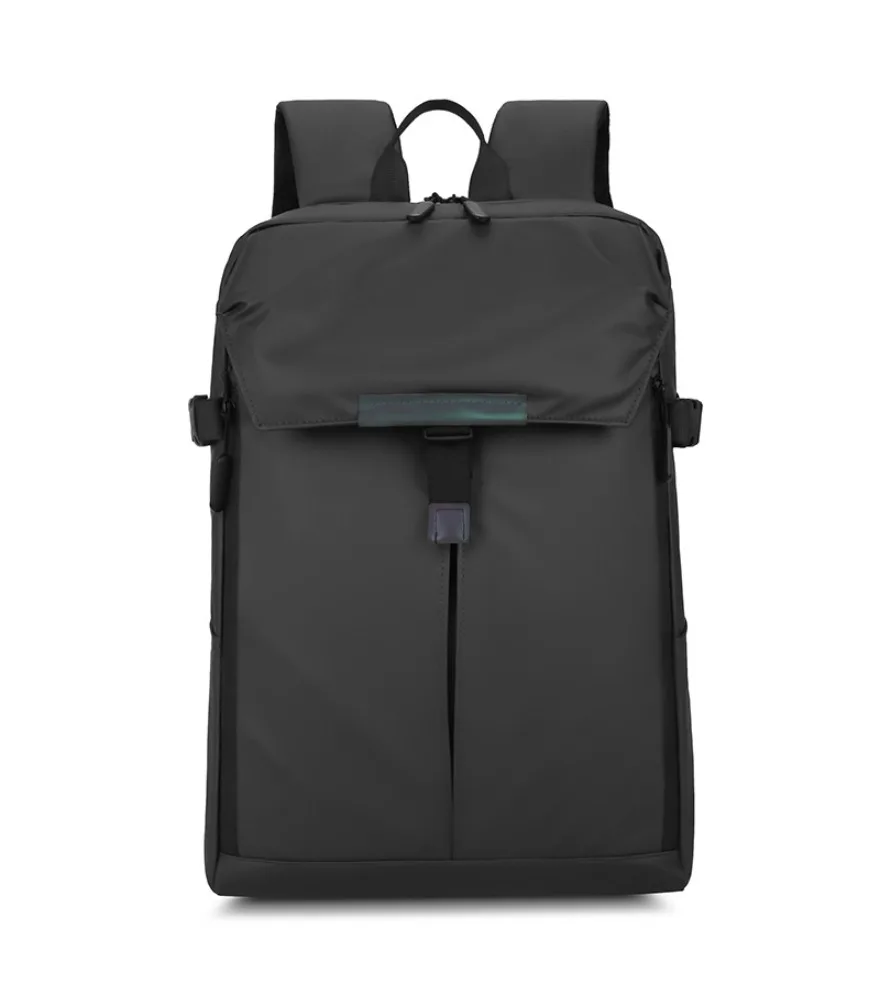 Blue workwear style backpack roll top closure with buckle strap side compression pockets matte waterproof surface suitable