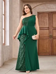 Plus Size Elegant One Shoulder Sleeveless Sequin Green Wedding Party Dress Cocktail Evening Prom Gown Floor Length