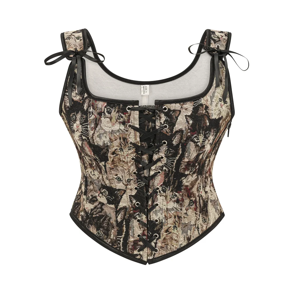 Brązowy nadruk kota Overbust zasznurowany gorset kamizelka kobiety ubrania w stylu vintage gotycki gorsetowy top Steampunk Korsett bielizna modelująca gorset modelujący talię