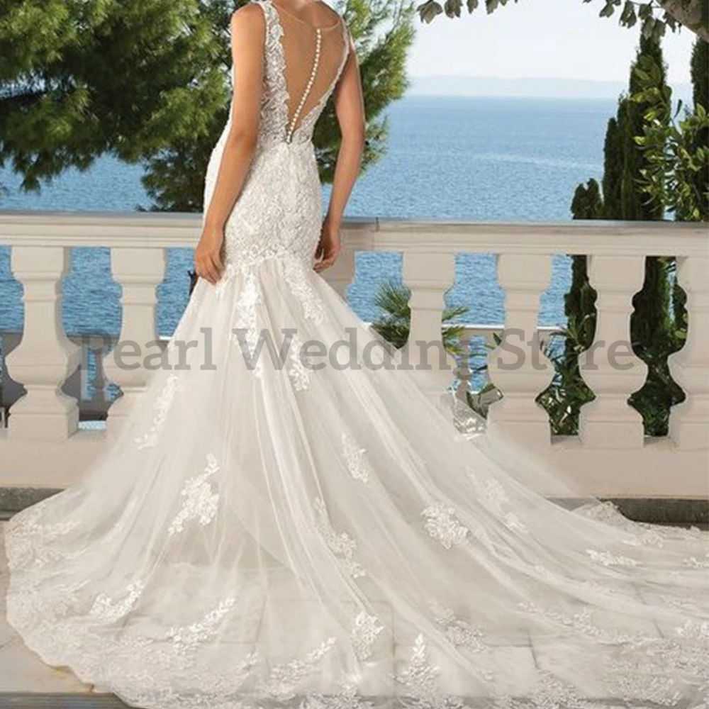 Pmwrun abito da sposa con scollo a v Appliques Illusion Mermaid Chapel Train sposa abiti da sposa di alta qualità Multi Size personalizzabile