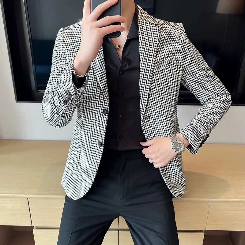 2023 High Quality Blazer Men\'s Korean Trend Business Casual Elegant Fashion High-end Simple Shopping Gentleman Plaid Suit Jacket