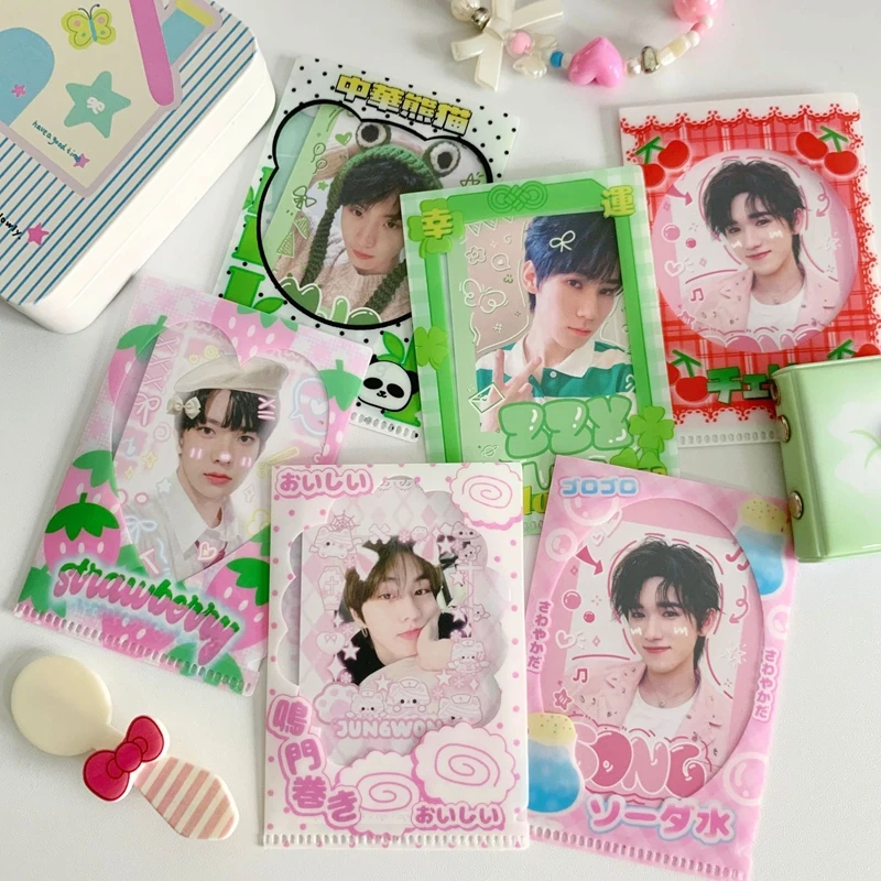 6Pcs/lot Cute Strawberry Panda Card Holder Korean Idol Card Protective Film Sleeves Photocard Collect Bag