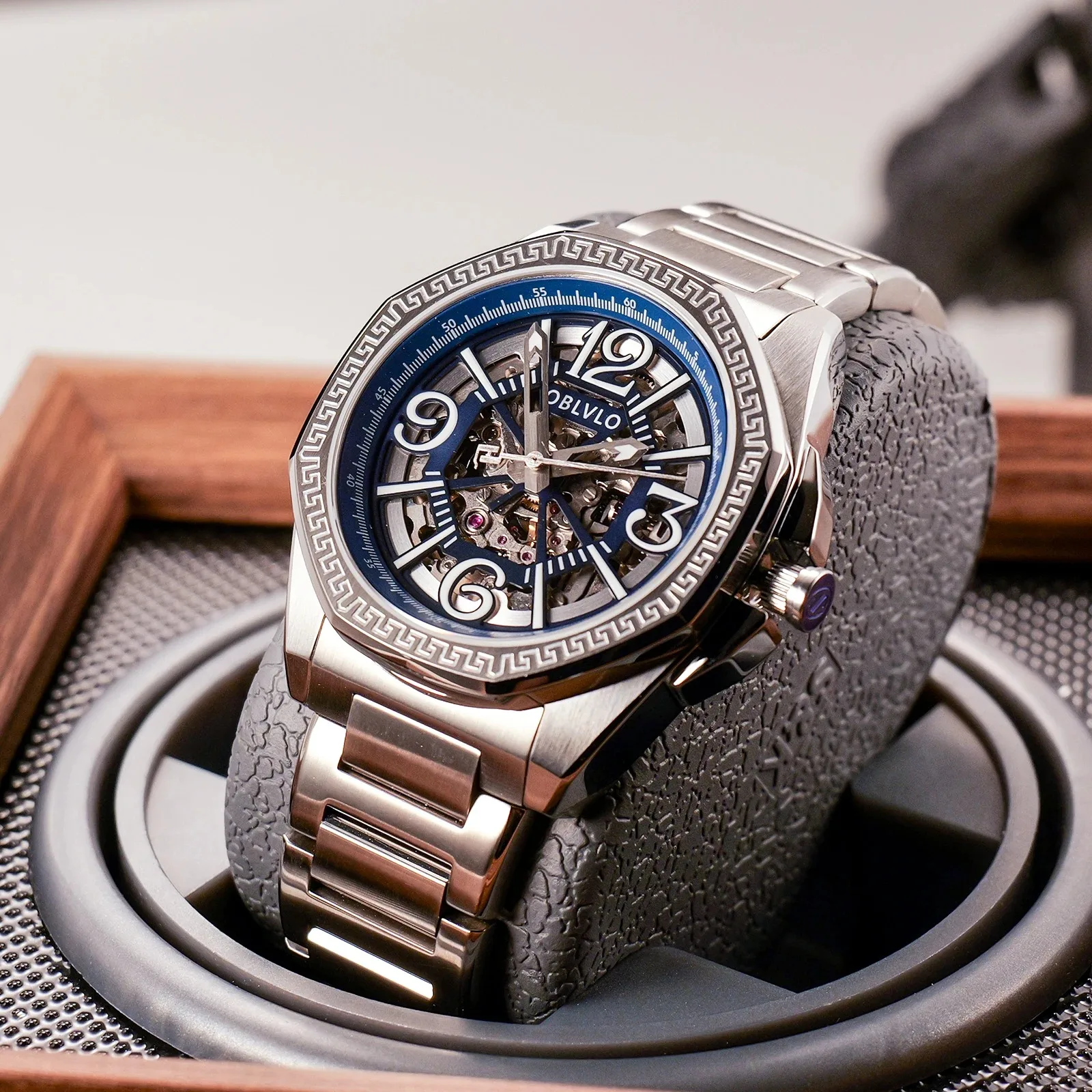 

OBLVLO Men Automatic Watch 42MM Fashhion Mechanical Wristwatch Luminous 50m Waterproof Sapphirel Steel Strap Skeleton Miyota8N24
