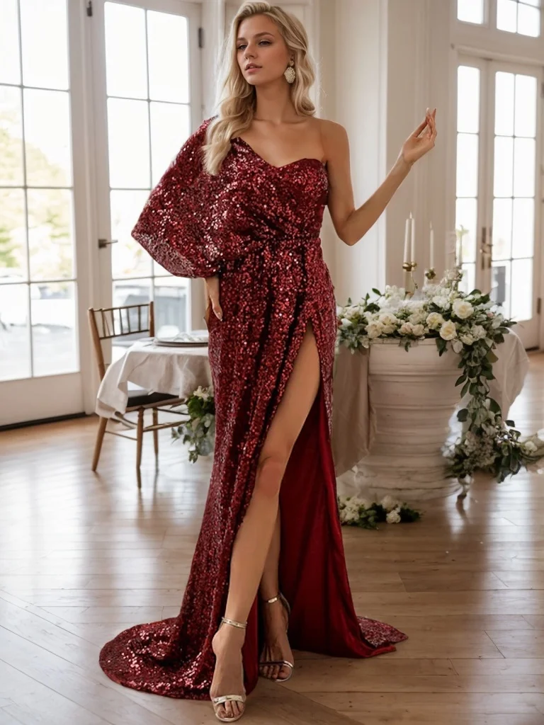 Sexy linha a vestido de noite formal sem mangas lantejoulas um ombro alta divisão tribunal trem vestido de convidado de casamento 2025 personalizado grátis