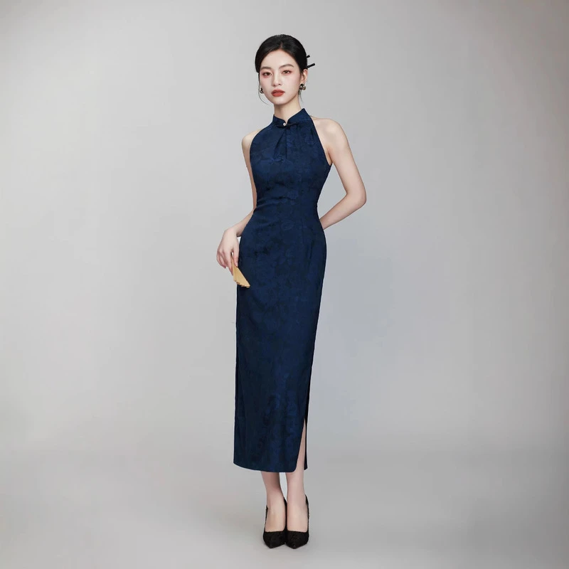 

Sexy Sleeveless Long Qipao Vintage Chinese Classic Mandarin Collar Jacquard Cheongsam Elegant Sexyslim Vestidos Prom Dress