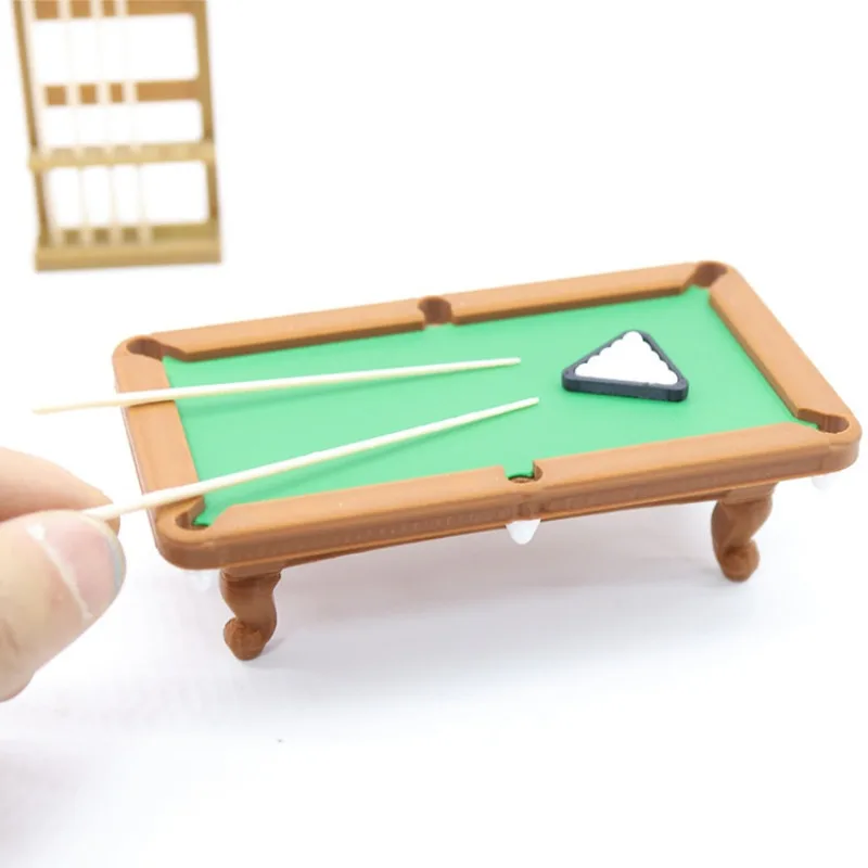 1set Dollhouse Mini Pool Table Billiard Table Set with Cues Rack Miniature Simulation Sports Scene Model Decoration Accessories
