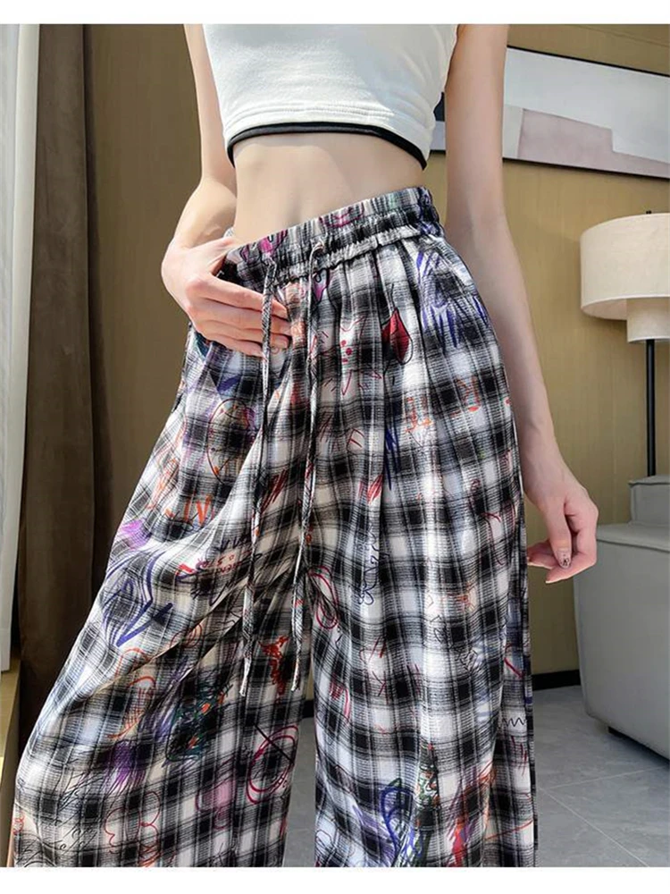 

Women's Graffiti Printed Grid Elastic Waisted Wide Leg Pant Young Girl Summer Bottoms Female Straight High Waisted Thin Trousers