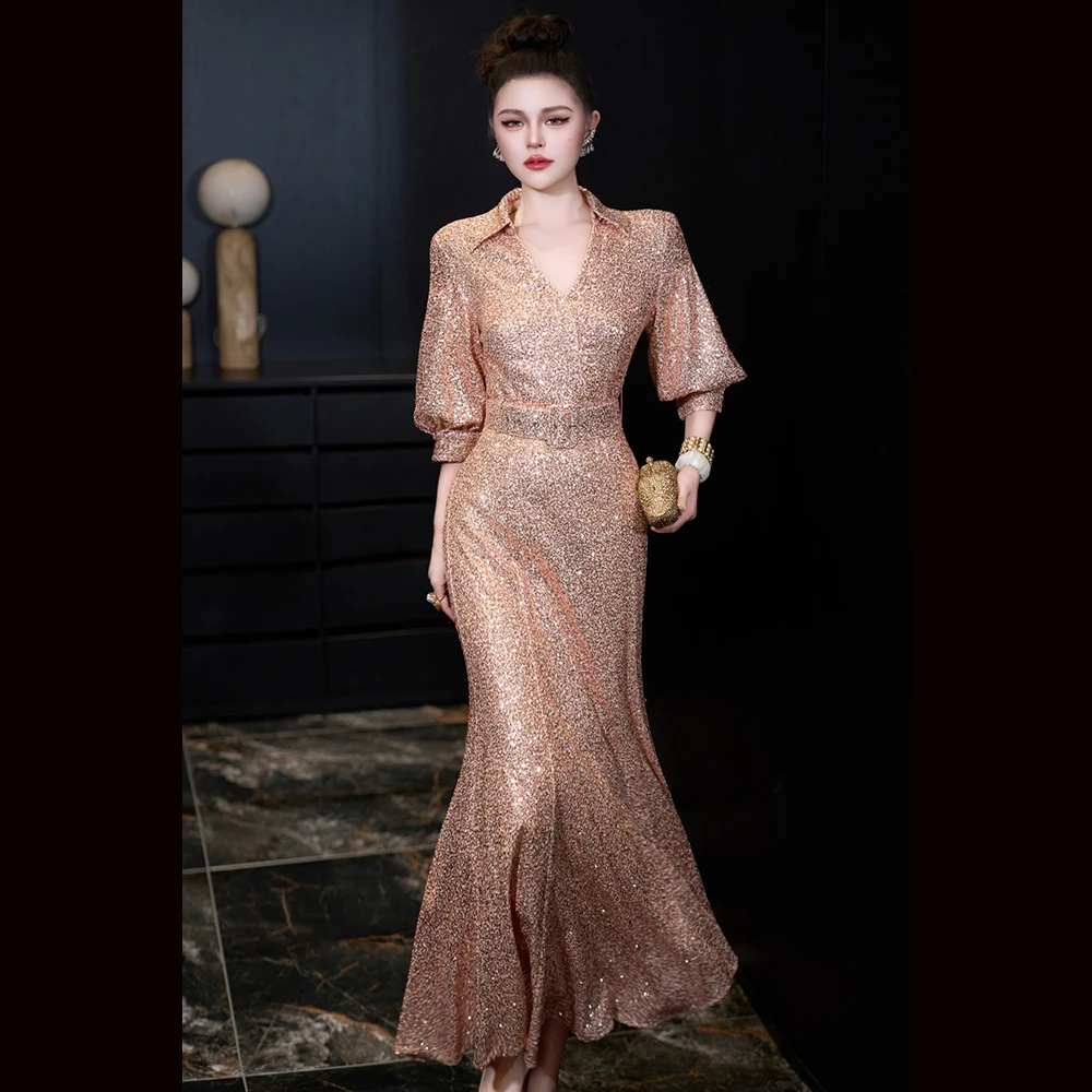 

Meyyithun Women's Dress Host Mermaid Gown Turn Down Collar Long Dress Slightly Stretchy Sequin Dress High-End Fashion Dress MX02