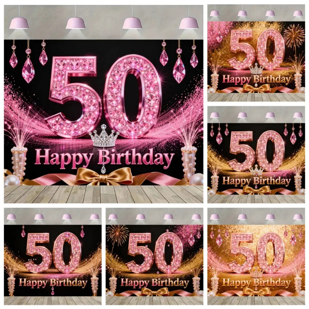 Crown Golden Butterfly 50th Birthday Decoration Photography Background, Pink Gem Knot Pink Crystal Pendant Photography Backdrop