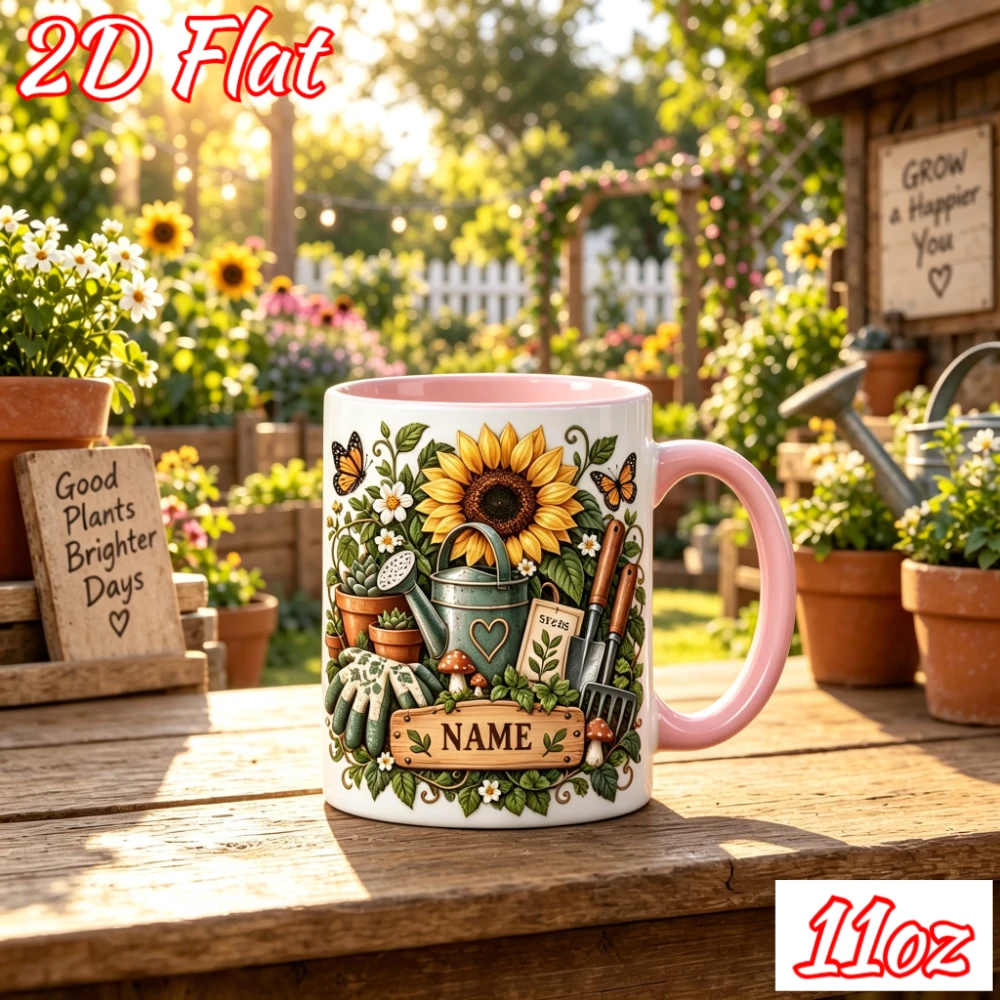 Personalized Sunflower Gardener Mug 11oz Custom Name Ceramic Coffee Cup 2D Printed Watering Can Gardening Tool Gift for Plant Lo