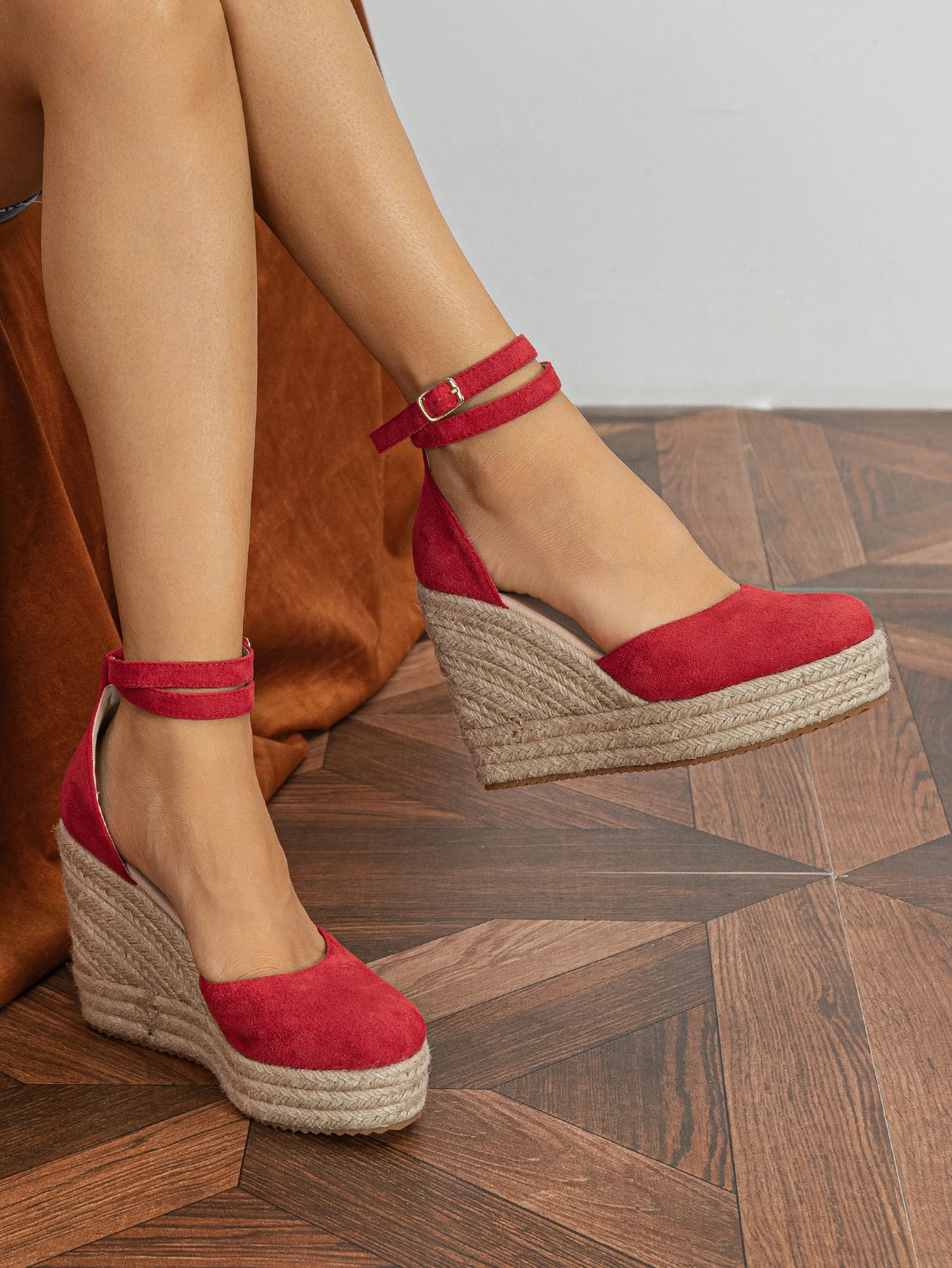 Women's Espadrille Ankle Strap Red Closed Toed High Wedge Casual Shoes High Platform Women shoes