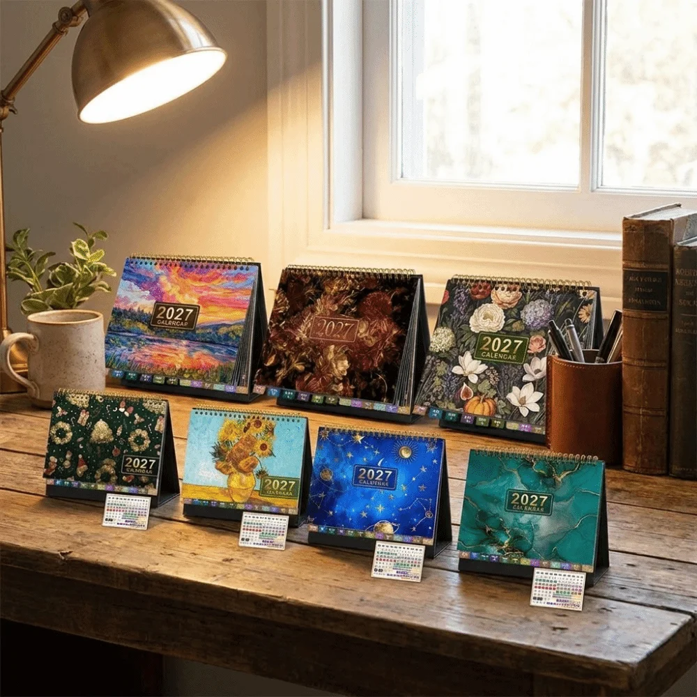 Floral Pattern 2027 Desk Calendar Spiral Bound Standing Design Standing Flip Calendar Coil Binding Decorative Table Calendar
