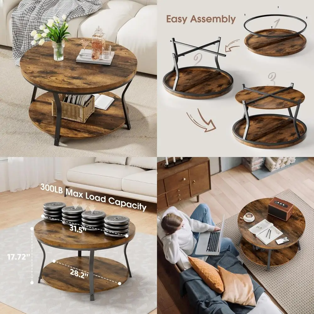 

Industrial-Style 2-Level Circular Wooden Coffee Table for Living Room with Enhanced Thick Tabletop