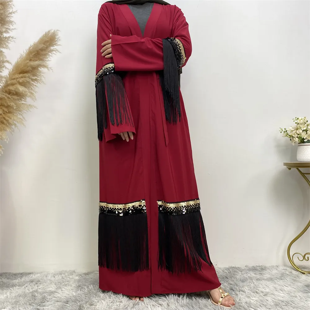

Eid Kimono Open Abayas Women Muslim Dress Sequins Tassel Ramadan Jalabiya Islamic Clothing Dubai Kaftan Turkey Robe Abaya Gown