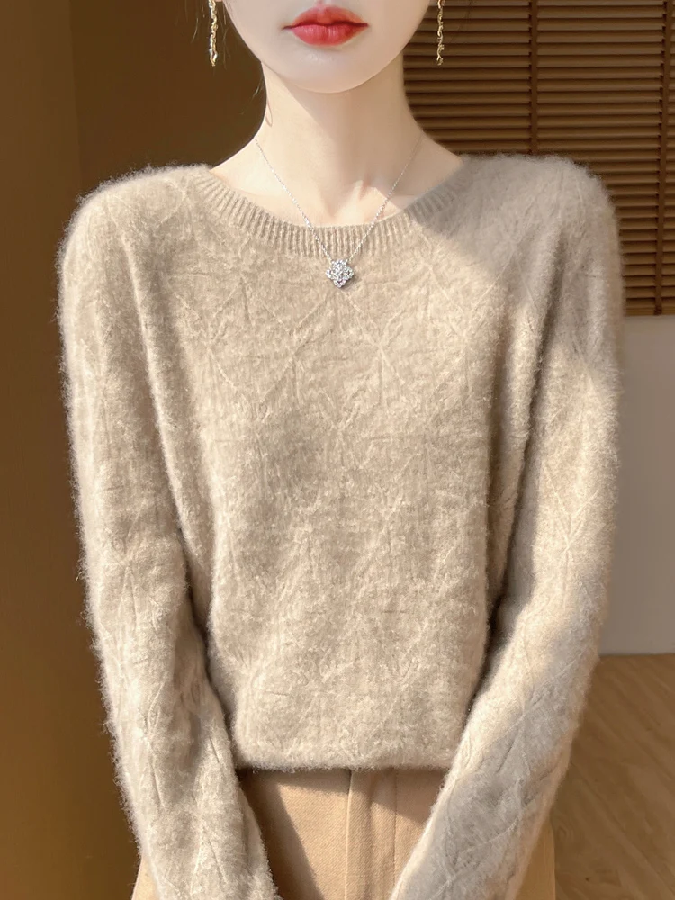 Women\'s 100% Merino Wool Sweater Pullover Hollow Out O-neck Cashmere Autumn Winter Long Sleeve Solid Grace Seamless Clothing Top