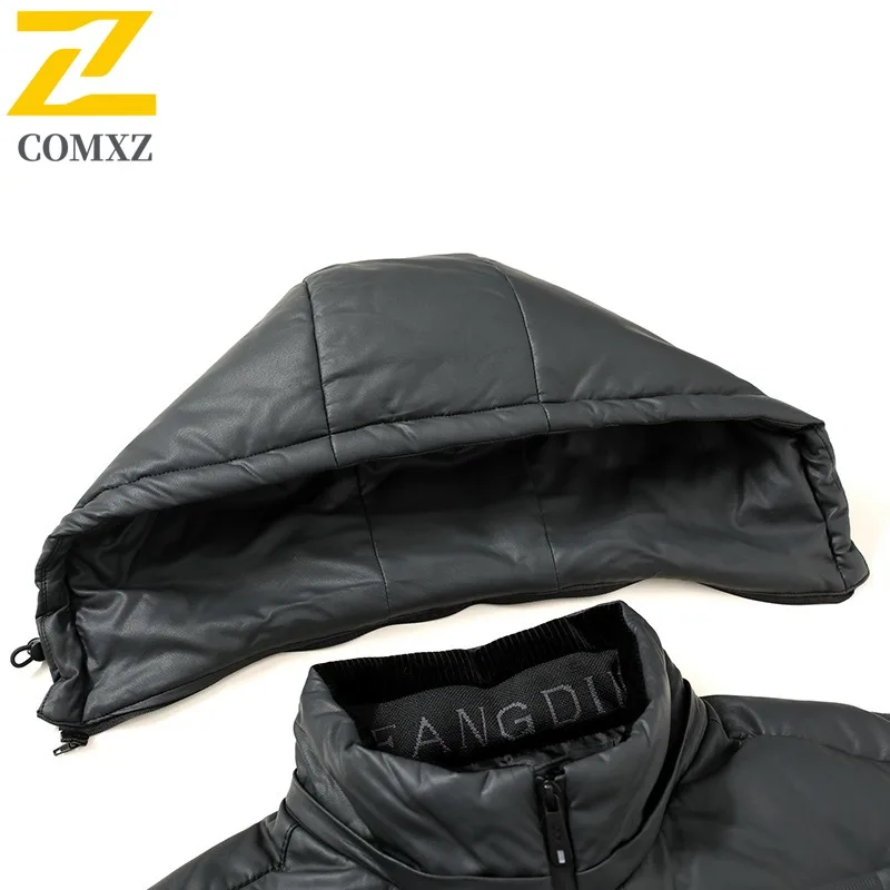 COMXZ Luxurious Short Down Jacket Men Hooded Outdoor Camping Windproof Puffer Jacket Fashion Cycling Winter Leather Down Jacket
