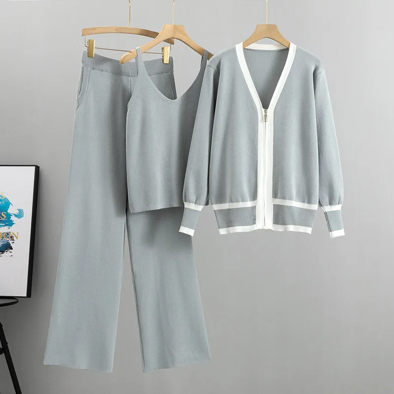 2024 Spring and Autumn New Women's Wear Slim Knitted Cardigan Strap Wide Leg Pants 3-Piece Set